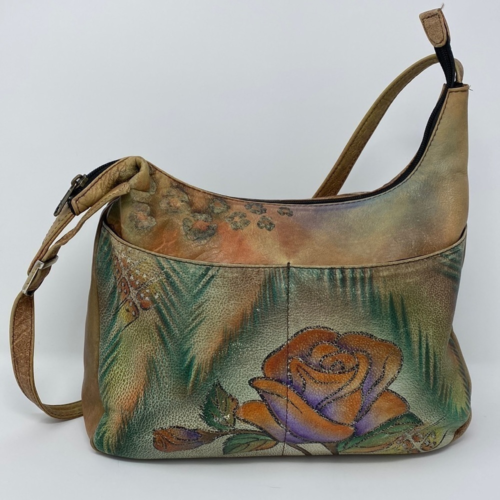 Anuschka Tan Hand Painted Leather Shoulder Bag With Rose Design